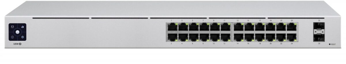 Switch Ubiquiti UniFi, 24 porturi Gigabit, 2 SFP, Layer 2, managed, 52 Gbps, fanless, cu ecran touch 1.3 inch, USW-24