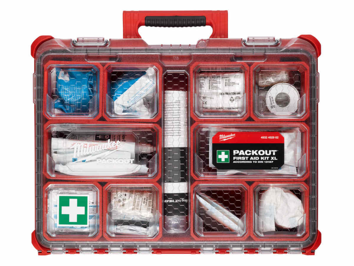 Trusa de prim ajutor Milwaukee Packout XL, 10 compartimente detasabile, contine plasturi, bandaje, foarfeca, solutii spalare, IP65, 4932492962