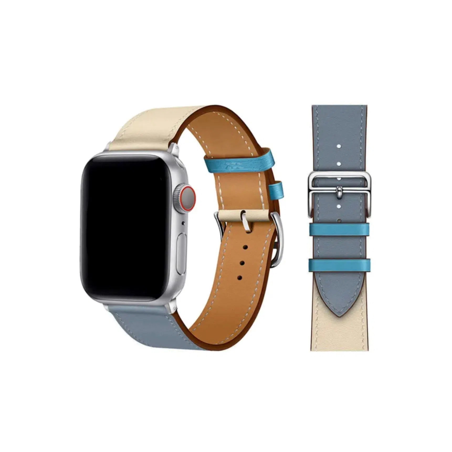 Curea Ceas Apple Watch Leather Blue Cream (Piele Crem/Albastru)