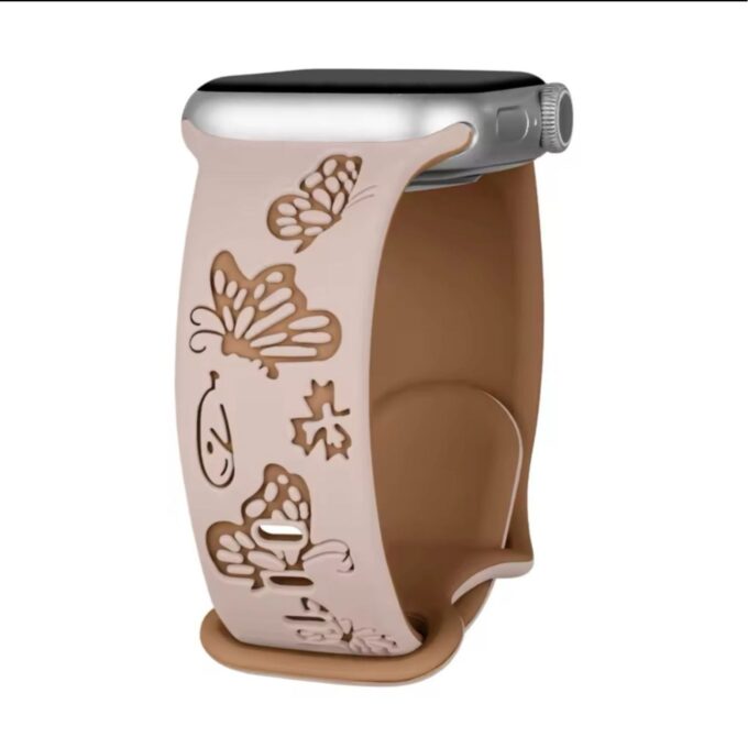 Curea Ceas Apple Watch Silicon Butterflies Engraved Pink Sand-Brown
