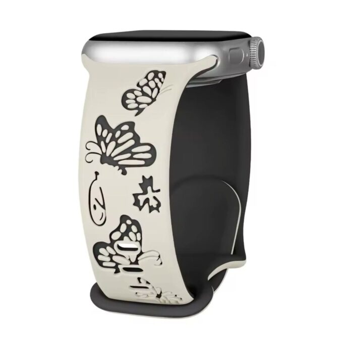 Curea Ceas Apple Watch Silicon Butterflies Engraved Starlight-Black