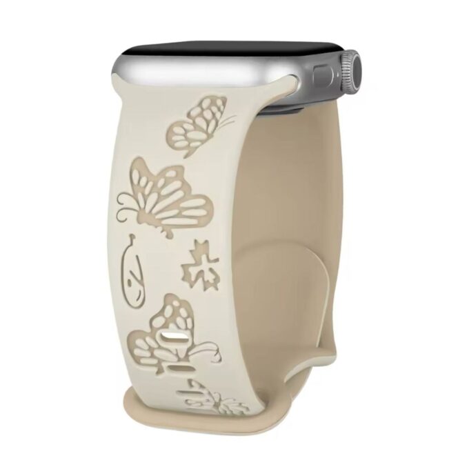 Curea Ceas Apple Watch Silicon Butterflies Engraved Starlight Milk-Tea