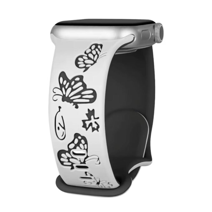 Curea Ceas Apple Watch Silicon Butterflies Engraved White-Black