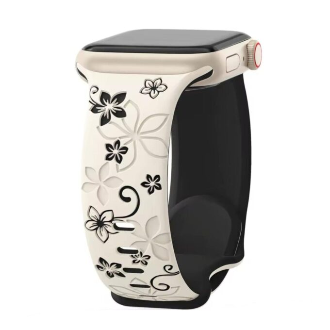 Curea Ceas Apple Watch Silicon Flowers Starlight Black