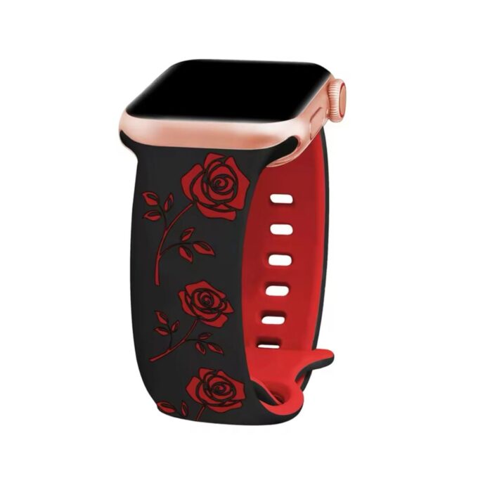 Curea Ceas Apple Watch Silicon Rose Engraved Black Red
