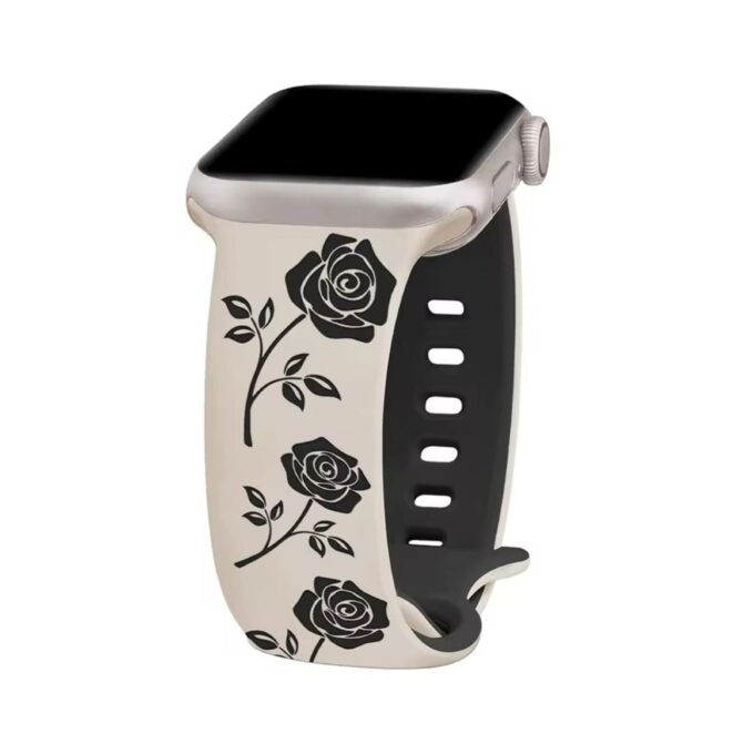 Curea Ceas Apple Watch Silicon Rose Engraved Starlight-Black