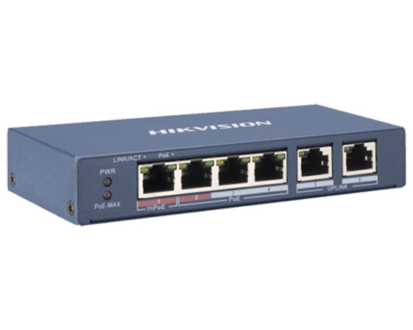Switch Hikvision 4 Porturi PoE 35W fara management, 1.6 Gbps, 300 m DS-3E0106P-E/M