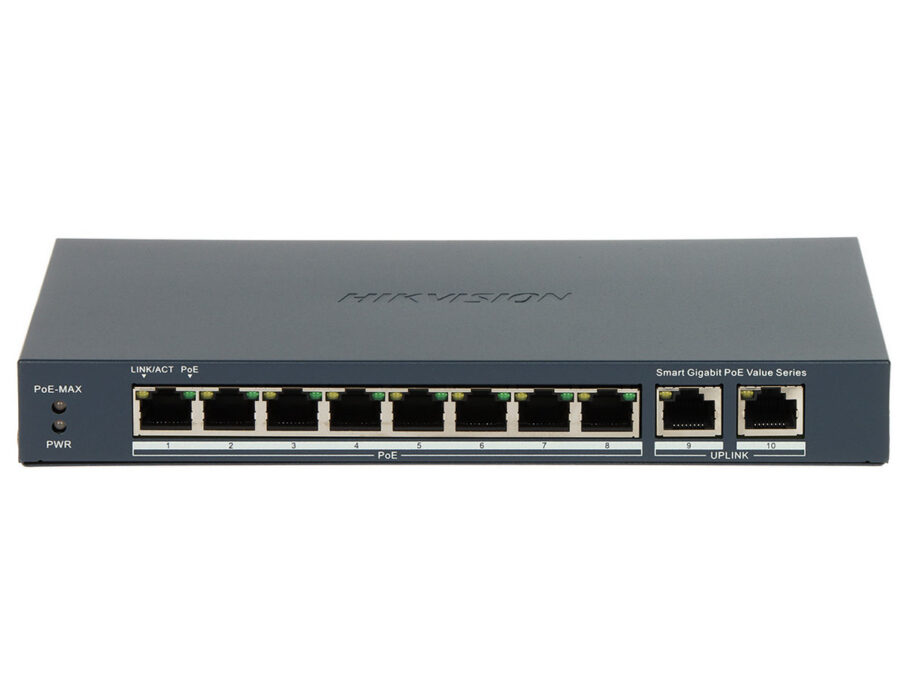 Switch PoE, Hikvision DS-3E1510P-EI/M, 8 porturi Gigabit Smart PoE, 2 porturi RJ45, 60W, cu management, transmisie 300m, protectie supratensiune 6KV