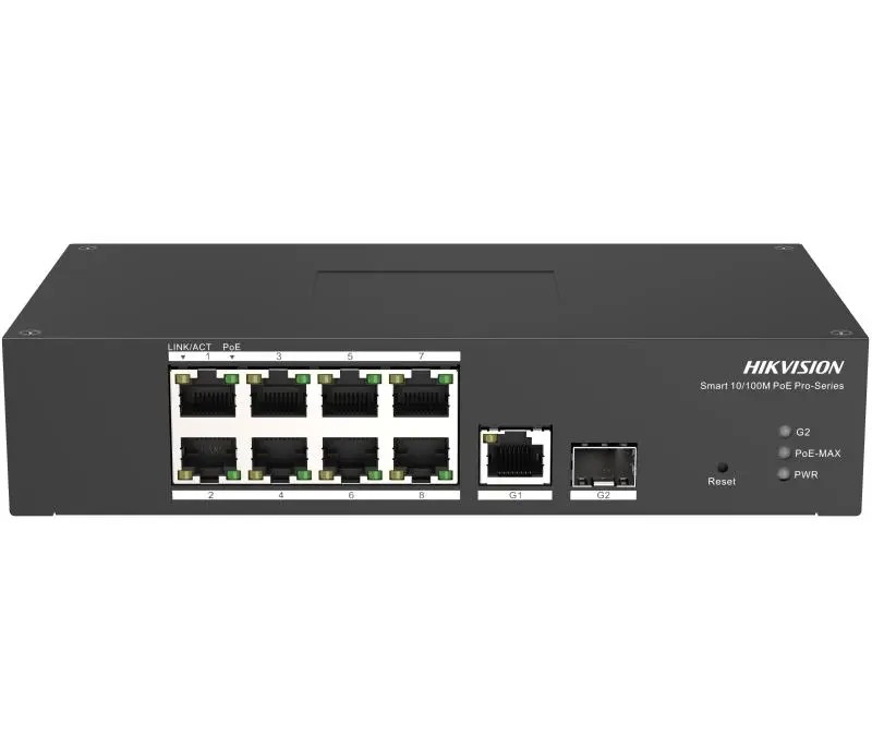 Switch Hikvision cu management, 8 porturi PoE 10/100 Mbps, 110W, 1 port Gigabit RJ45, 1 port SFP, IP40, DS-3T1310P-SI/HS