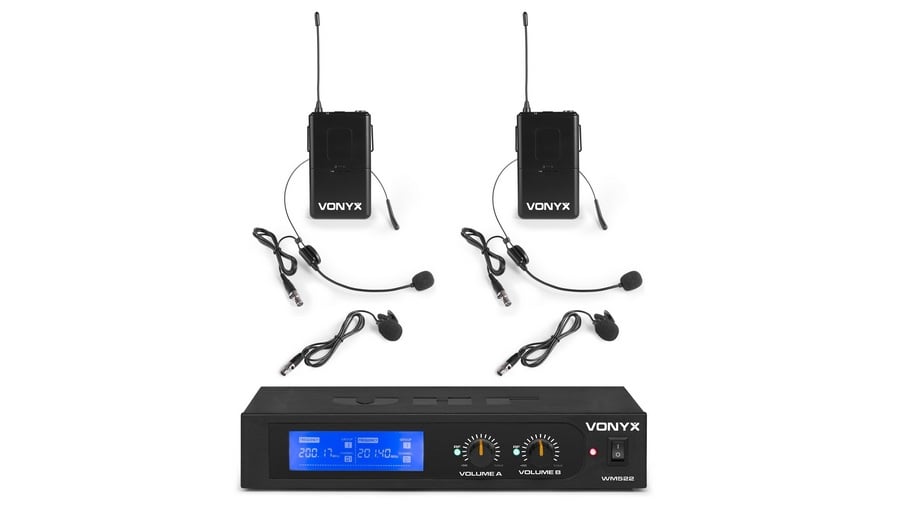 Set 2 microfoane si lavaliera VHF, 2 canale, jack 6.3mm, baterii 2x AA, carcasa plastic, Vonyx WM522B 1 Set 2 microfoane si lavaliera VHF, 2 canale, jack 6.3mm, baterii 2x AA, carcasa plastic, Vonyx WM522B