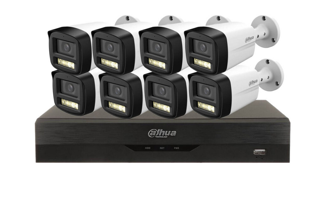 Kit de supraveghere 8 camere exterior 5MP, IR si LED alb, Microfon si DVR 8 canale, Dahua KIT8C2MPEXT-I3