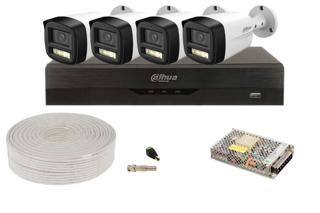 Kit pentru exterior cu 4 camere 5MP, Iluminare duala 40m + DVR 4 canale AI Dahua, KIT4DHFHD80-TW