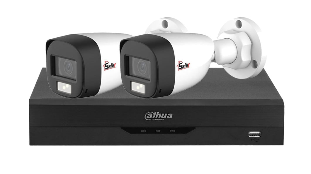 Kit de supraveghere pentru exterior, 2 camere de 2MP Full HD, IR si LED, Tehnologie HDCVI, DVR 4 canale, Functii AI, Dahua KITSAF2X-2MP2028U
