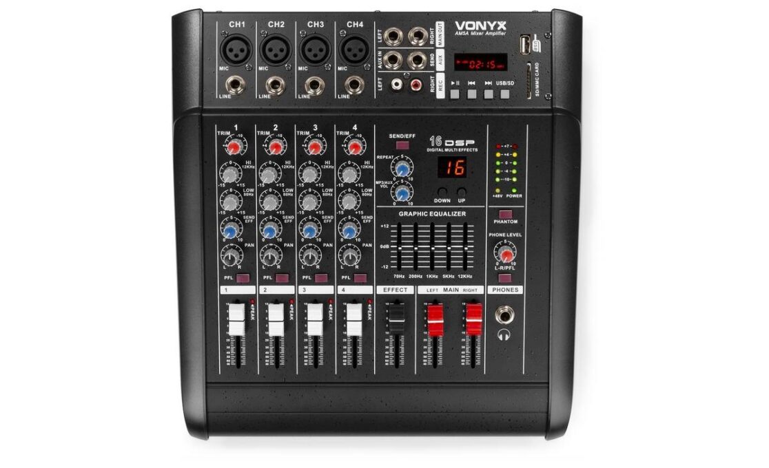 Mixer activ Vonyx AM5A, cu amplificator de 2x 500W, 5 canale, Bluetooth, port USB, MP3, slot SD