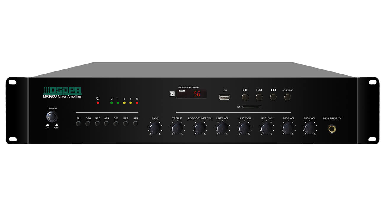 Amplificator cu mixer PA DSPPA 60W, 100V, 6 canale, 3 AUX, 2 MIC, USB, SD, Tuner, MP260U