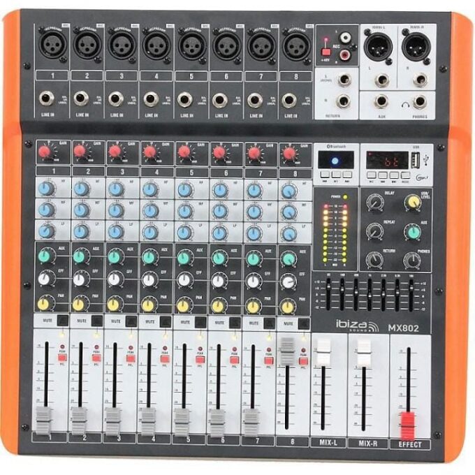 Mixer 8 canale Profesional, cu Egalizator si Efecte, Conexiune USB si Bluetooth, REC, AUX, Casti, Ibiza Sound MX802 1 Mixer 8 canale Profesional, cu Egalizator si Efecte, Conexiune USB si Bluetooth, REC, AUX, Casti, Ibiza Sound MX802