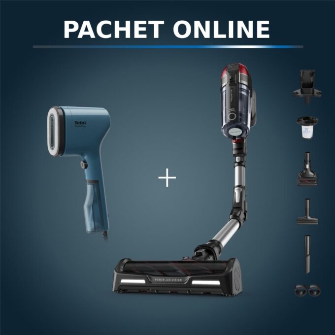 Pachet PROMO Aspirator vertical fara fir Rowenta X-Force Flex 12.60 RH98A7WO & Aparat de calcat vertical Tefal Pure Pop DT2020E1