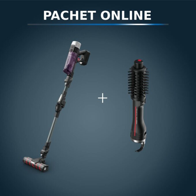 Pachet PROMO Aspirator vertical Rowenta X-Force Flex 9.60 Allergy RH2048WO & Peria rotativă cu aer cald Rowenta Karl Lagerfeld Pro Stylist CF961LF0
