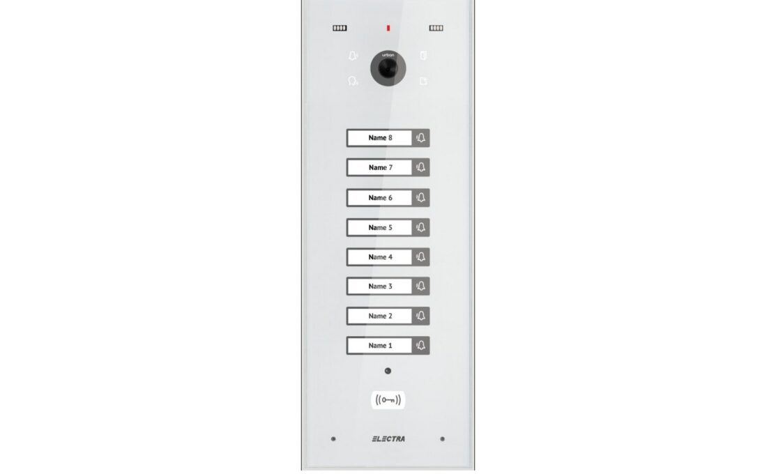 Post exterior videointerfon Electra VPU.08F03.ELWTL, incastrat, 8 familii, ecran din sticla securizata, acces RFID, IP44, alb
