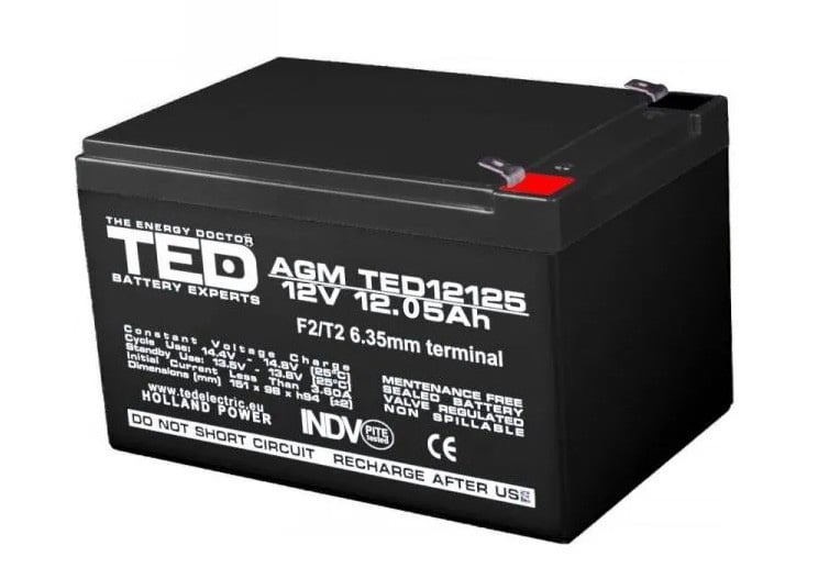 Acumulator 12V, PL 12 AH, AGM VRLA 12V 12,05A, TED12125