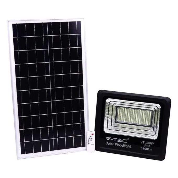 Proiector LED cu incarcare solara 40W V-Tac, lumina rece 6000K, 3100lm, panou solar extern, telecomanda, IP65, SKU-94026