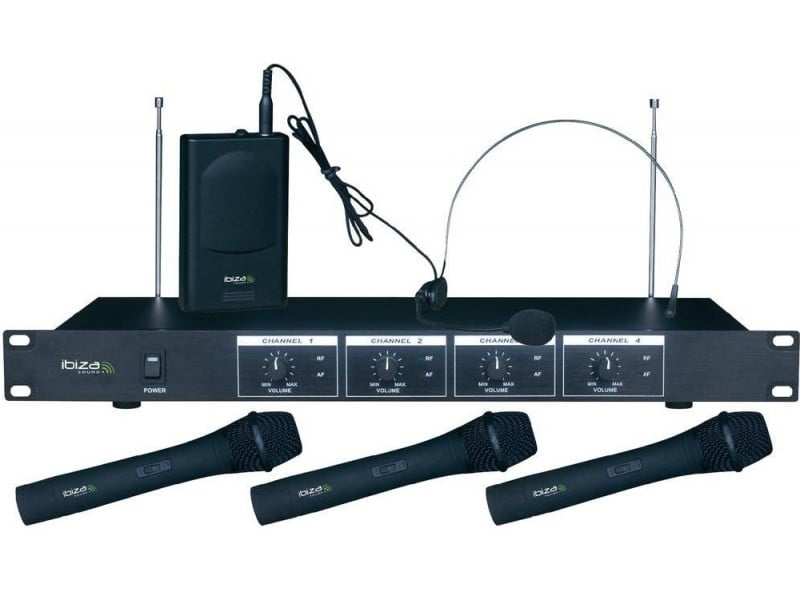 Set 4 microfoane wireless 3 de mana + 1 casca Ibiza VHF4 1 Set 4 microfoane wireless 3 de mana + 1 casca Ibiza VHF4