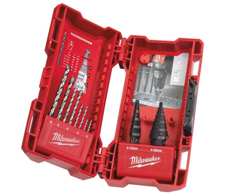 Set burghie Milwaukee, 2 in trepte, 8 de metal, 10 piese, pentru metal, plastic si otel inoxidabil, 48899350