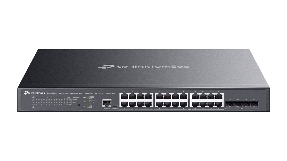 Switch Omada Tp-Link, 24 x porturi Gigabit, 4 x SFP+ 10G, PoE 500W, L2+ Smart Managed, SDN Cloud, SG3428XMPP