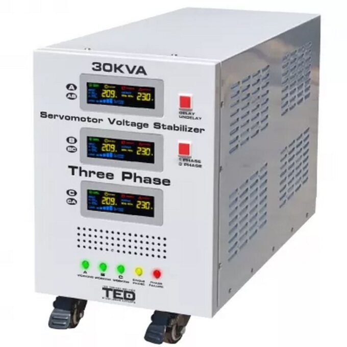 Stabilizator tensiune trifazat TED, 225V-450V, cu servomotor, unda sinusoidala pura, ecran LCD, TED000156