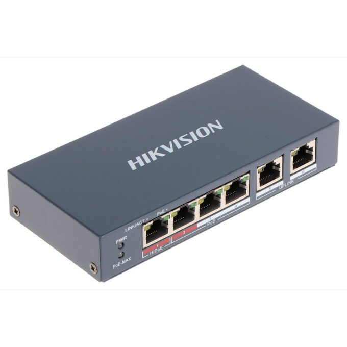 Switch 4 porturi PoE+, 2 porturi uplink, Hikvision DS-3E0106HP-E 1 Switch 4 porturi PoE+, 2 porturi uplink, Hikvision DS-3E0106HP-E