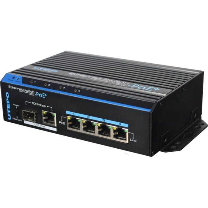 Switch industrial 6 porturi, 4 PoE, 60W,  1 port SFP 100Mbps, 1 port protectie 6KV, montaj DIN, Utepo UTP7204E-POE-A1
