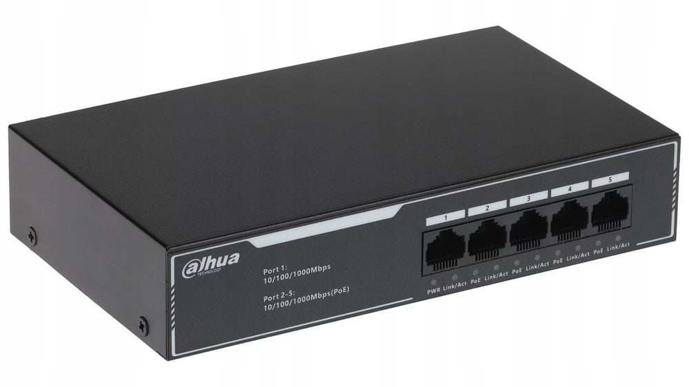 Switch PoE Dahua SG1005LP, 5 porturi Gigabit, 4xPoE, unmanaged, PoE 36W