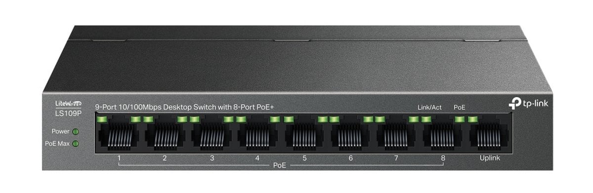Switch PoE 9 porturi Tp-Link LS109P, 8x porturi PoE+, 1x port RJ45 10/100Mbps, max 63W, fara management