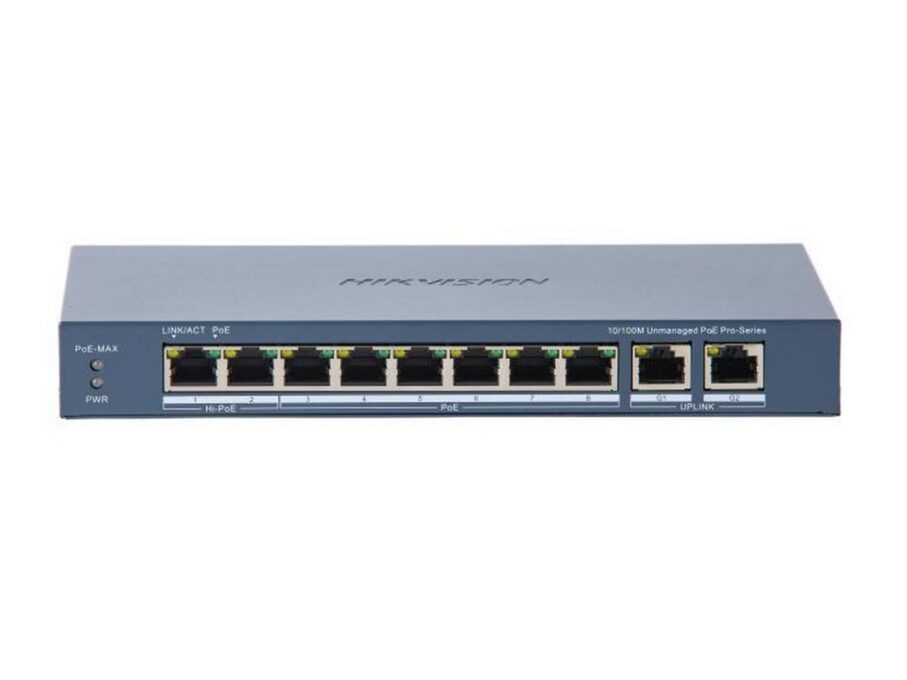 Switch PoE Hikvision DS-3E0310HP-E(C), 8 porturi PoE, 2 porturi Gigabit RJ45, putere PoE 110W, 6kV