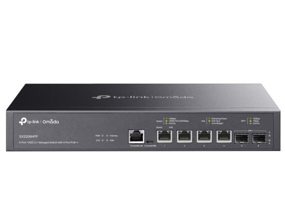 Switch PoE, Tp-Link SX3206HPP, 7 porturi, 4x 10G PoE++, 2x 10G SFP+, 1x RJ45 consola, 200W, cu management, montare in rack 1 Switch PoE, Tp-Link SX3206HPP, 7 porturi, 4x 10G PoE++, 2x 10G SFP+, 1x RJ45 consola, 200W, cu management, montare in rack
