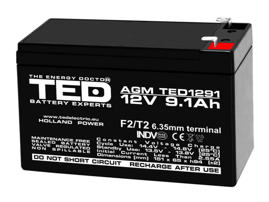 Baterie 12V, 9.1Ah, TED TED003263, plumb acid, terminale F2/T2, 151x 65x 99mm 1 Baterie 12V, 9.1Ah, TED TED003263, plumb acid, terminale F2/T2, 151x 65x 99mm
