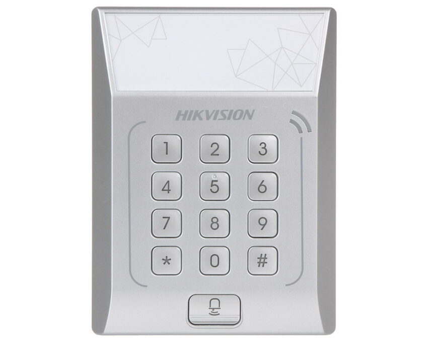 Terminal de control acces standalone cu Tastatura, PIN + card Mifare 13.56 Mhz, Hikvision DS-K1T801M, 3000 utilizatori, Memorie, Led, Beep