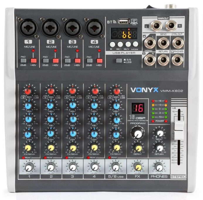 Mixer analog pasiv, 6 canale, Bluetooth, USB, XLR, alimentare Phantom, Vonyx VMM-K602 1 Mixer analog pasiv, 6 canale, Bluetooth, USB, XLR, alimentare Phantom, Vonyx VMM-K602