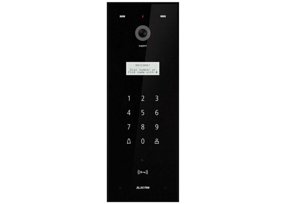 Post exterior videointerfon pentru blocuri, 255 apartamente, card RFID, negru, aparent, IP44, protectie ploaie, Electra Touch Line VPE.0BSC3.ELBTL