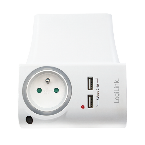 Adaptor priza LogiLink PA0166, cu suport telefon/tableta, 1 Priza, 2x USB-A 5V/2.1A, iluminare LED, IP20 (Alb)