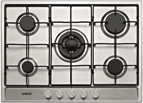 Plita incorporabila Samus PSG-75SX, Gaz, 5 arzatoare, Arzator Wok, Sistem de siguranta (Inox)