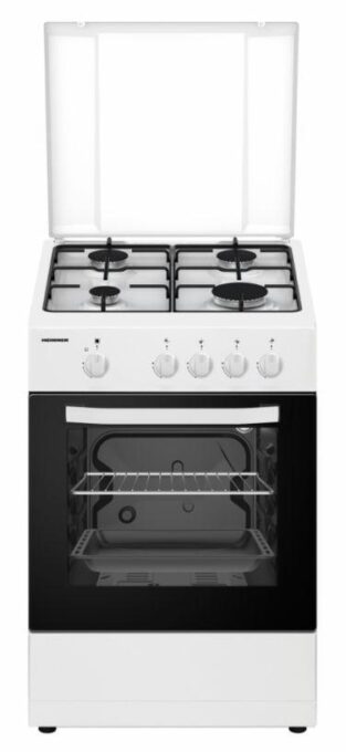 Aragaz Heinner HFSC-SME50WH, 4 arzatoare, Gaz, 50cm, Dispozitiv de siguranta plita si cuptor (Alb)