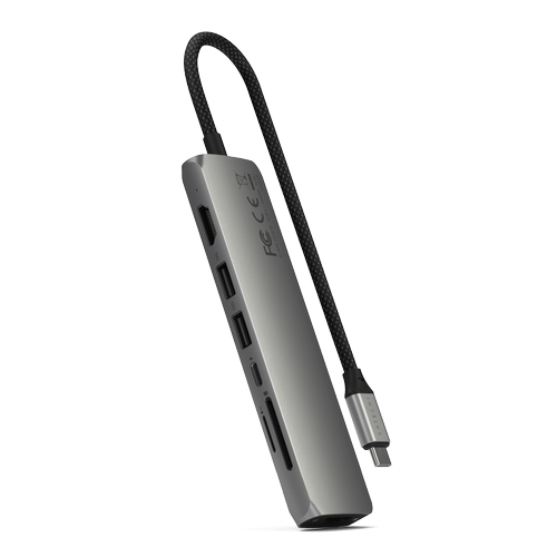HUB USB Multiport Slim Satechi ST-P7SM 7-in-1, USB-C PD 100 W, 2 x USB 3.2, USB Type-C, Card Reader, HDMI 4K, RJ-45 Ethernet Gigabit (Gri)