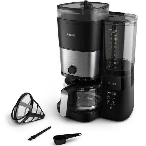 Cafetiera Philips HD7900/50 All-in-1 Brew, rasnita integrata, Recipient dublu pentru boabe de cafea, Filtru permanent, Functie anti-picurare, Afisaj LED, Rezervor de apa detasabil, Lingura de dozare (Negru)