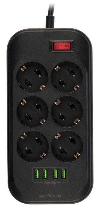 Prelungitor cu protectie Serioux SRXP-PS66B, 6 prize schuko, 4 porturi USB (5V- 3.1A) 1 Prelungitor cu protectie Serioux SRXP-PS66B, 6 prize schuko, 4 porturi USB (5V- 3.1A)