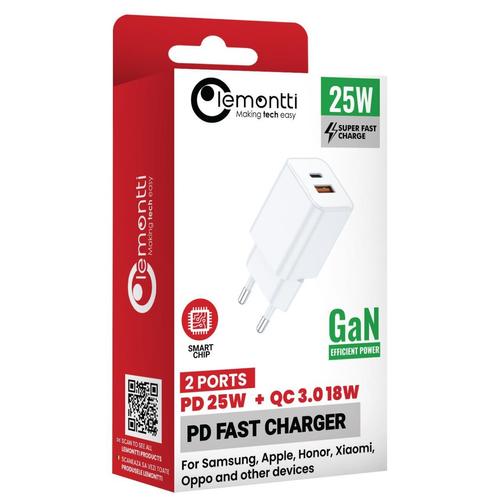 Incarcator Retea Lemontti GaN Dual Port 1x Type-C si 1x USB-A, 25W, EU Plug, Alb 1 Incarcator Retea Lemontti GaN Dual Port 1x Type-C si 1x USB-A, 25W, EU Plug, Alb