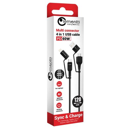 Cablu de date Lemontti LEMCF4IN1PDN, Multi-connector 4 in 1, USB-A & Type-C la Type-C & Lightning, PD, 1.2m, Negru 1 Cablu de date Lemontti LEMCF4IN1PDN, Multi-connector 4 in 1, USB-A & Type-C la Type-C & Lightning, PD, 1.2m, Negru