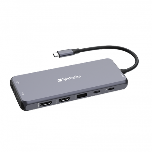 Hub USB Verbatim USB-C Pro Multiport 14-în-1, 2x HDMI (4K@60Hz, 4K@30Hz), 1x VGA (1080p), 1x RJ45 Gigabit Ethernet, 3x USB-A 3.2 Gen1, 2x USB-A 2.0, 1x USB-C 3.2 Gen1, 1x USB-C PD 100W, Cititor SD/microSD, Jack Audio 3,5 mm (Gri) 1 Hub USB Verbatim USB-C Pro Multiport 14-în-1, 2x HDMI (4K@60Hz, 4K@30Hz), 1x VGA (1080p), 1x RJ45 Gigabit Ethernet, 3x USB-A 3.2 Gen1, 2x USB-A 2.0, 1x USB-C 3.2 Gen1, 1x USB-C PD 100W, Cititor SD/microSD, Jack Audio 3,5 mm (Gri)