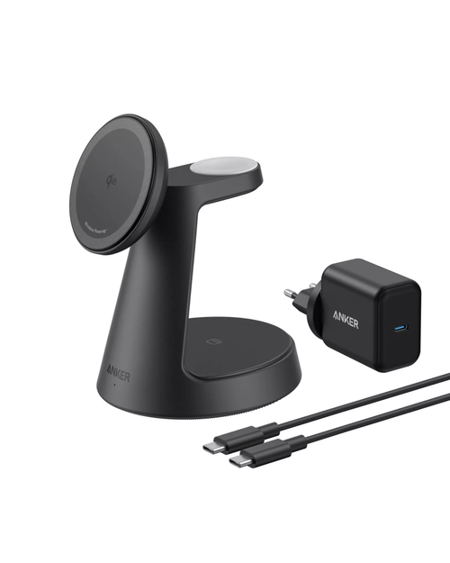 Incarcator wireless magnetic Anker MagGo 3-in-1 MagSafe Qi2 15 W, incarcator si cablu inclus (Negru) 1 Incarcator wireless magnetic Anker MagGo 3-in-1 MagSafe Qi2 15 W, incarcator si cablu inclus (Negru)