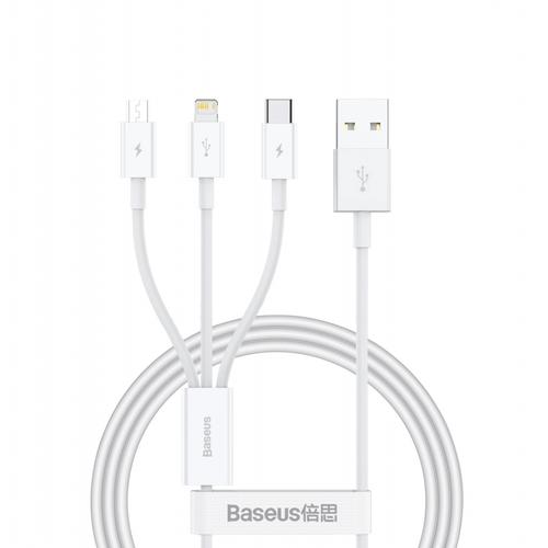 Cablu de date si incarcare Baseus Superior Series, USB-A - Lightning / microUSB / USB-C, 20W, 0.5m (Alb) 1 Cablu de date si incarcare Baseus Superior Series, USB-A - Lightning / microUSB / USB-C, 20W, 0.5m (Alb)